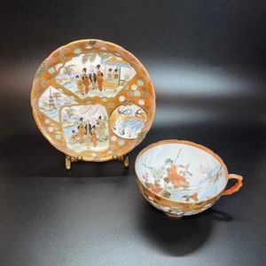 Japanese Oda Kutani Porcelain Tea Cup & Saucer Set Hand Painted Gold Iron Red Geisha&#39;s Birds Enameled Florals Waves 6 Character Signature