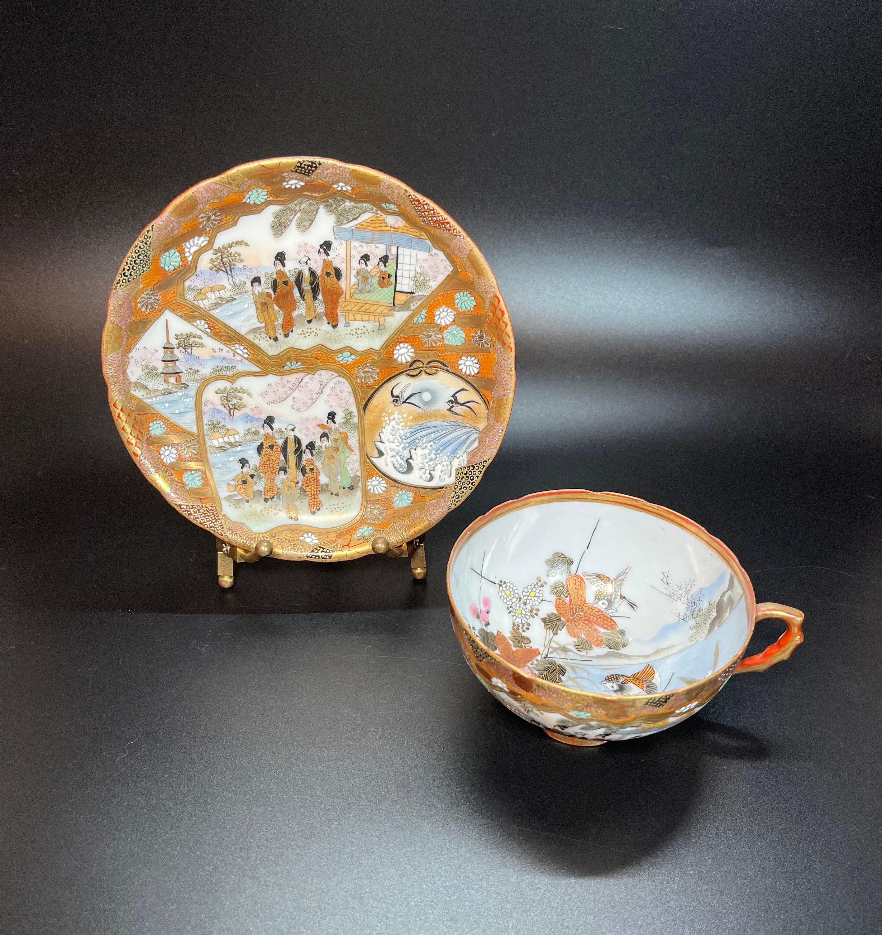 Japanese Oda Kutani Porcelain Tea Cup & Saucer Set Hand Painted