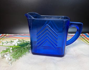 Hazel Atlas Cobalt Blue Glass Creamer Raised Chevron Pattern Vintage 1940s Art Deco Kitchen