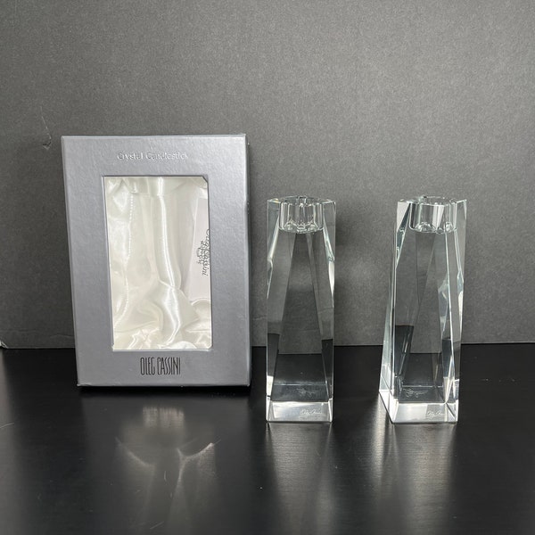 Oleg Cassini Brigitte Crystal 6” T Candleholder Set Original Box #114642 Maker Signed Vintage Glass Minimalist Contemporary MCM Decor