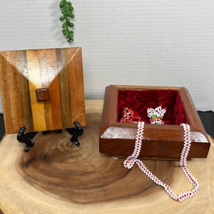 Handcrafted Square Wood Jewelry or Trinket Box with Red Velvet Lining Boho MCM Farmhouse Décor Masculine Vintage Dresser Box Gift