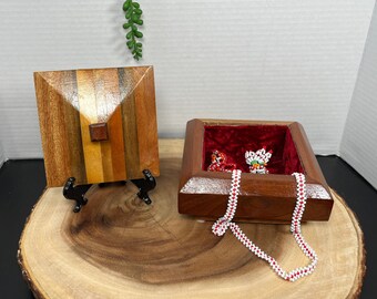 Handcrafted Wood Trinket Box: Vintage Red Velvet Lined Dresser Box
