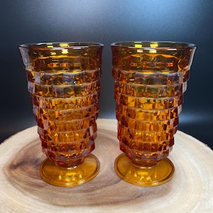 Indiana Glass Colony Whitehall Harvest Gold or Amber Iced Tea Glasses 14oz Cubist Pattern 2 Pc Set Cottage BoHo Farmhouse Retro 1960s-1970s
