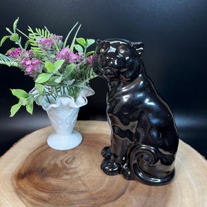 MCM Ceramic Black Panther Figurine with Yellow Eyes Felt Feet Vintage 1960&#39;s - 1970&#39;s Decor Sitting Big Cat Statue Masculine Decor Gift