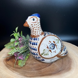 Tonala Mexican Pottery Pheasant or Quail Hand Painted Blue Brown & Green Tonala Florals Vintage Cottage Farmhouse MCM Décor Bird Lover Gift