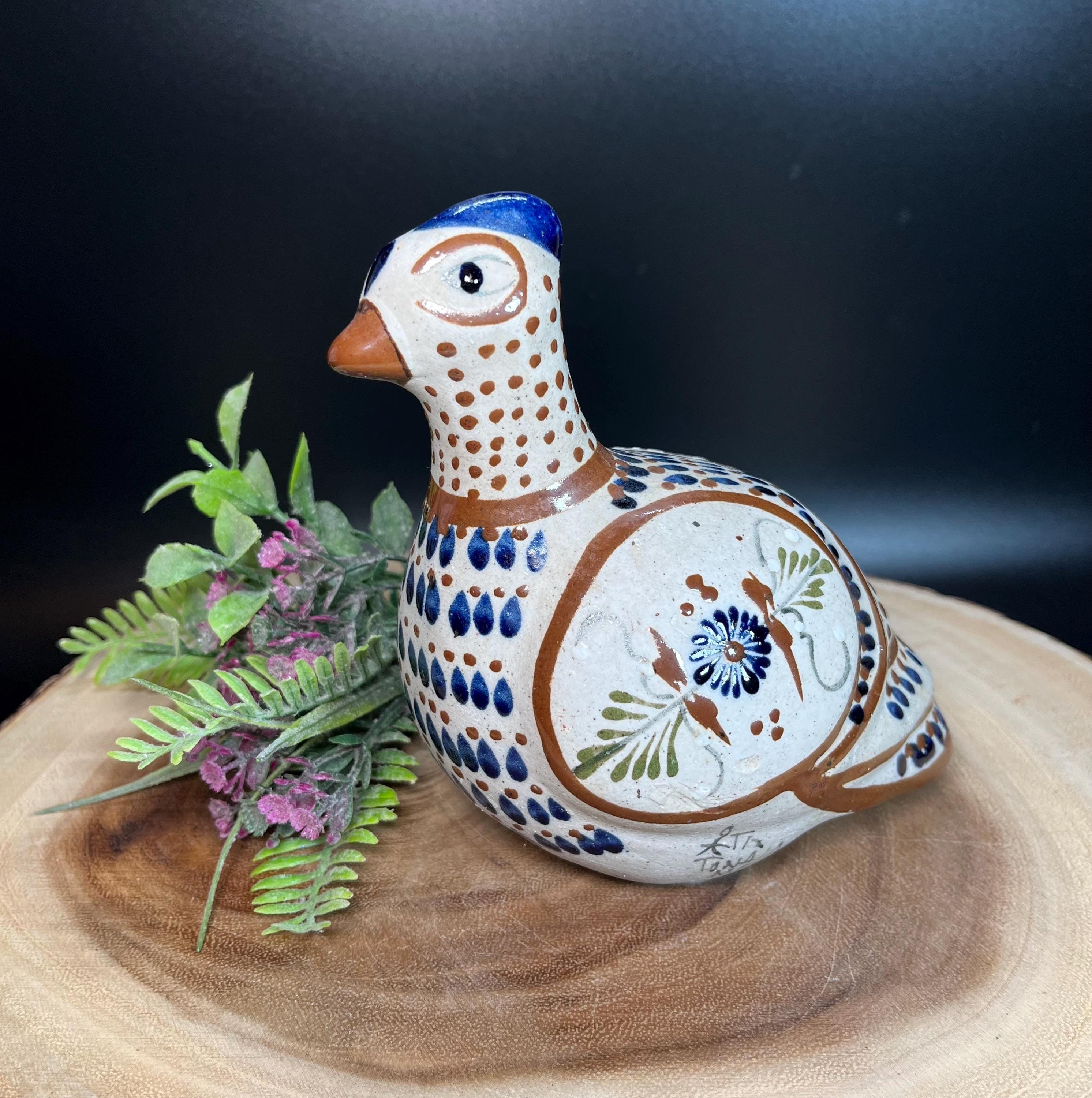 Vintage Tonala Mexican Pottery Bird Figurine: Hand-painted Floral