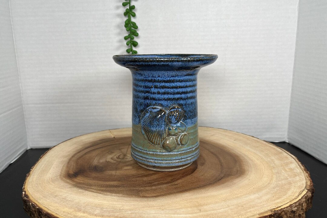 Hand Thrown Blue Green Pottery Vase Applied Pottery Seashells Artist