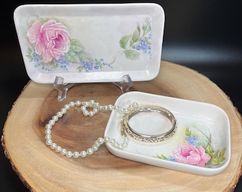 Vintage Hand Painted Floral Porcelain Vanity Trays - Signed Schaefer