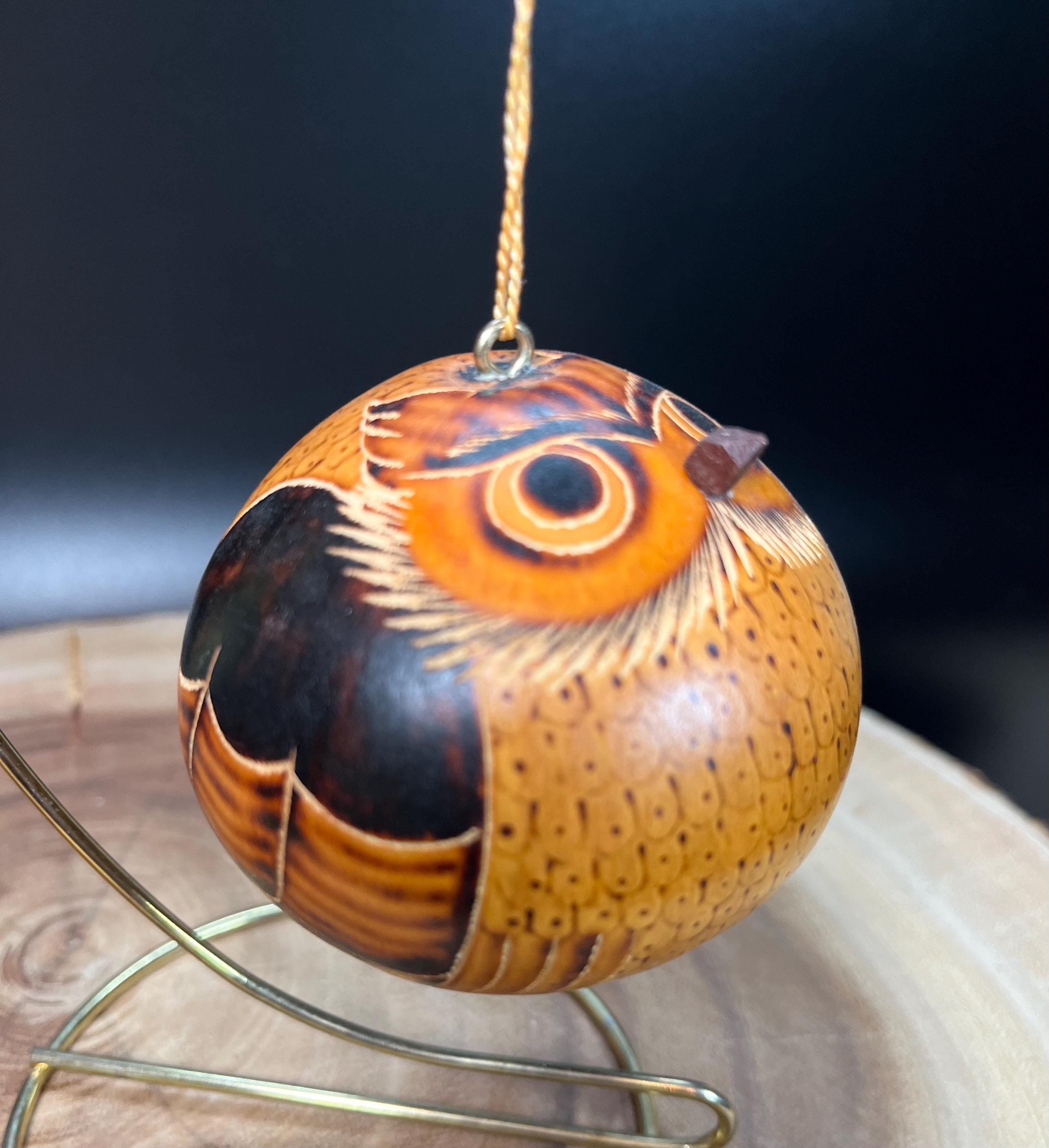 Peruvian Hand Carved Gourd Owl Ornament Burned for Color