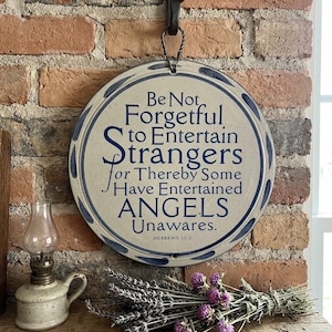 Vintage 1999 Round Salt Glazed Pottery Wall Plaque Be Not Forgetful to Entertain Strangers Scripture
