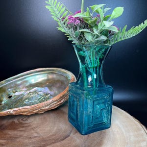Dartington Glass Kingfisher Blue Greek Key Vase FT58 Designed by Frank Thrower 5.5&quot; Tall Vintage 1960s - 1970s English Glass Decor