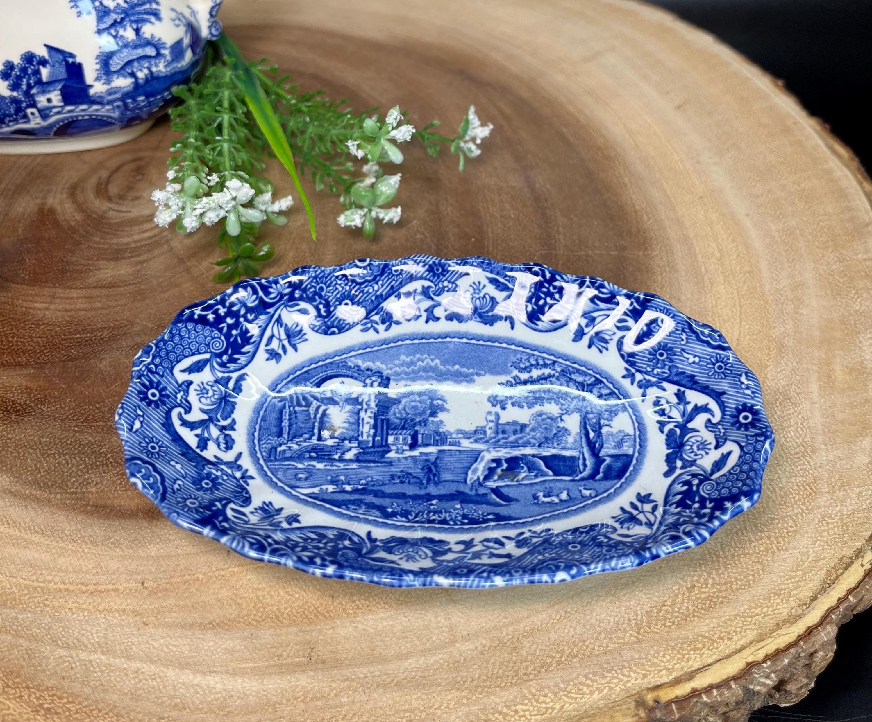 Spode Blue White Porcelain Small Oval Dish Italian Pattern 5 1/4"L Marked S3447-A1 Made in England Repurposed Ring Trinket Dish Vintage 2001