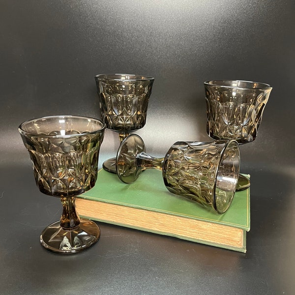 Noritake Perspective Smokey Brown Small Water Wine Glasses Set of Four (4) Vintage 1970's Glass  Farmhouse MCM Replacements Barware