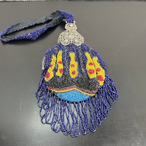 Victorian Art Nouveau Blue Yellow Micro Glass Beaded Handbag Silver Tone Ornate Metal Clasp Wrist Strap Antique Roaring 20&#39;s Hollywood Glam