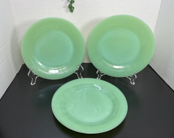 Fire King Jadeite Jane Ray Luncheon Salad Plates 7 3/4d 3 Pc Set 1940s Vintage Glass MCM