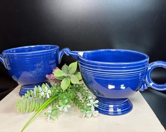 Vintage HLC Fiestaware Cobalt Blue Ceramic Creamer and Sugar Bowl