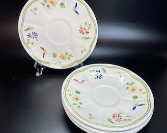 Longchamp Moustiers Saucers: Hand-Painted Floral Faience, Set of 4