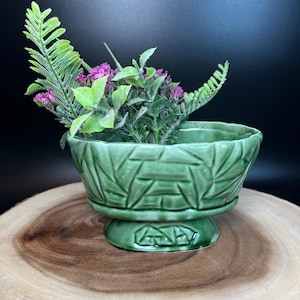 Oval Green Glazed Ceramic Footed Planter Geometric or Asian Styled Jardiniere Vintage Decorative Planter BoHo Cottage Farmhouse Decor