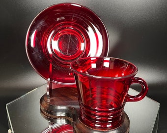 Paden City Glass Penny Line Ruby Red Glass Tea Coffee Cup and Saucer 2 Pc Set Ribbed Bases Thin Clear Rim Vintage Depression Kitchen Glass