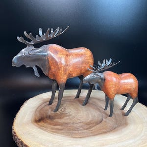 Vintage Hand Crafted Wood and Metal Moose Figurines - Rustic Cabin Decor