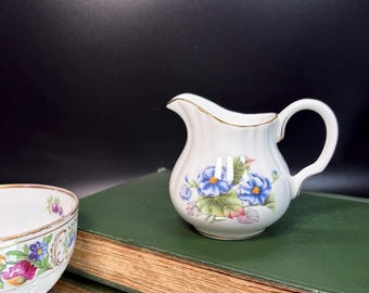 1974 Royal Worcester Fine Bone China Florena Creamer Blue Florals, Gold Trim