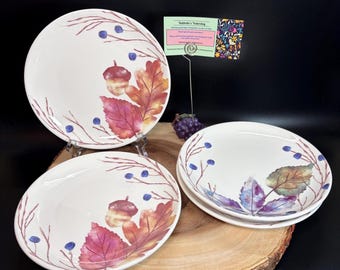 Harry & David Ceramic Appetizer Dessert Plates Fall Leaves Acorns Berries 4 Pc Set