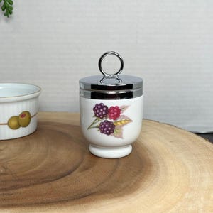 Royal Worcester Evesham Vale Pattern Porcelain Standard Size Egg Coddler Silver Metal Lid English Breakfast Vintage 1984 Made in England
