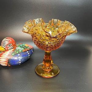 Vintage Fenton Amber Hobnail Compote: Ruffled Candy Dish, Signed
