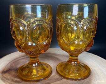Vintage Amber Moon and Stars Water Goblets by LE Smith, Set of 4