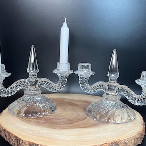 Fostoria Colony Clear Glass Double Light Candlestick 2 Pc Set Vintage 1940s - 1970s Double Arm Taper Candle Stick Holders Hollywood Regency