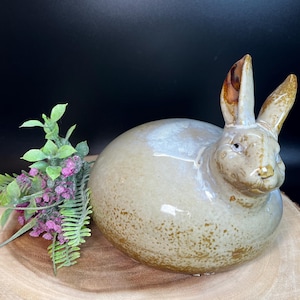 Chunky Brown and Beige Glazed Ceramic Rabbit Figurine Vintage Styled Round Chubby Bunny Contemporary Farmhouse Cottage Decor and Gift