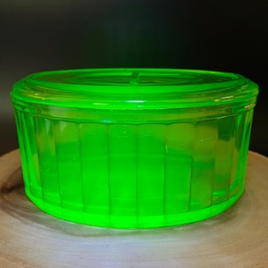 Vintage Uranium Glass Refrigerator Dish: Ribbed Oval Lidded Bowl, 1930s-40s