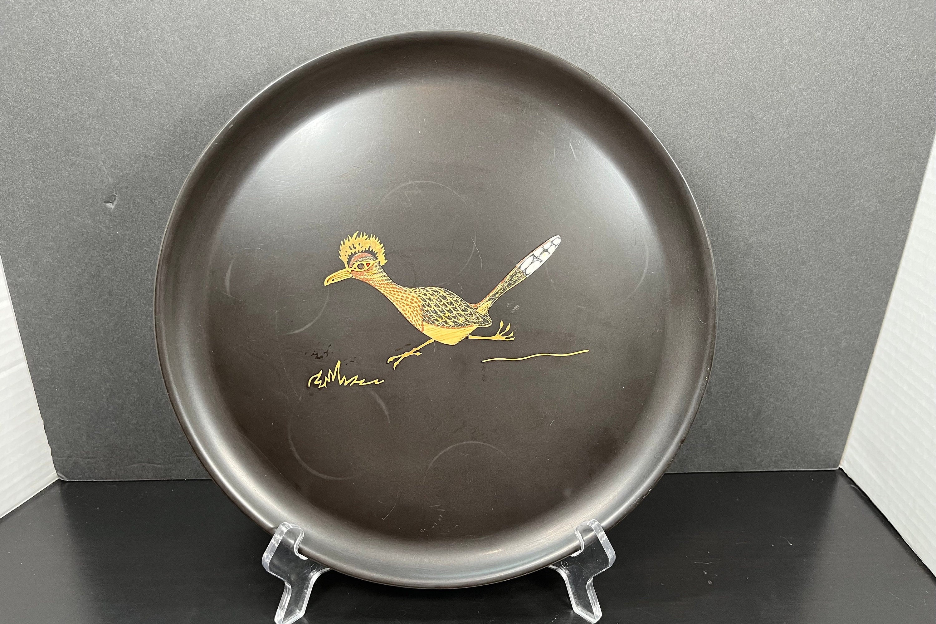 Couroc of Monterey Vintage Black Tray Red Cardinal-gold Pine Bough Art/tray  