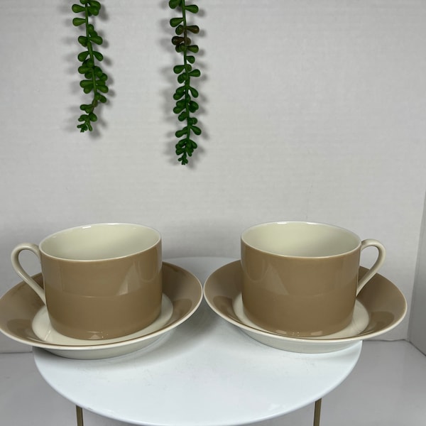 1978 Fitz and Floyd Rondelet Cup & Saucer Set Taupe White Vintage Retro MCM Cottage BoHo Farmhouse Contemporary