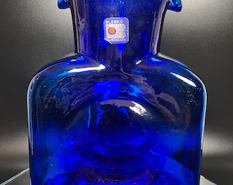Blenko Glass Sapphire Blue Double Spouted 384 Water Bottle Pitcher Carafe 36 oz 1980’s Vintage Cobalt Blown Glass MCM BoHo Cottage Farmhouse