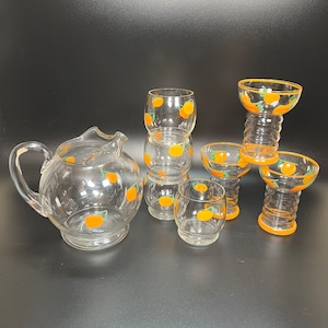 Blown Glass Juice Pitcher Matching Glasses Hand Painted Oranges on Clear Glass 8 Pc Set Vintage Kitchen Breakfast Brunch Drinkware Barware