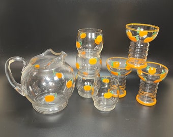 Blown Glass Juice Pitcher Matching Glasses Hand Painted Oranges on Clear Glass 8 Pc Set Vintage Kitchen Breakfast Brunch Drinkware Barware