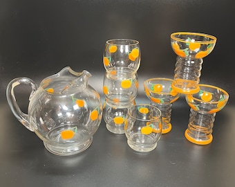 Vintage Blown Glass Juice Pitcher Set: Hand-Painted Oranges, 8-Piece Barware