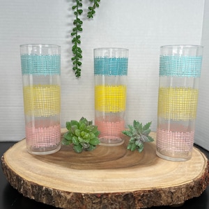 Juego de 3 vasos para cóctel Tom Collins con diseño de rayas pastel de Federal Glass, estilo bohemio retro de los años 50 y 60, de MCM, para cocina y bar.