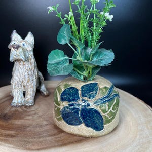Vintage Handcrafted Pottery Vase: Blue Butterfly Design, Signed Folk Art