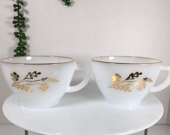 Vintage Federal Glass Milk Glass Tea Cups (2) Meadow Gold Wheat