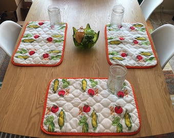 1970s Retro Veggie Franco Placemats in White with Orange Trim - Cottage - Farm House Kitchen - BoHo