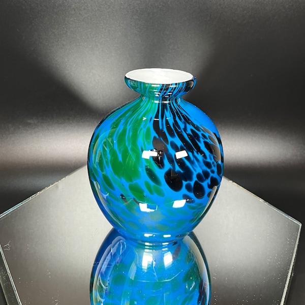 Blown Art Glass Vase Swirled Spotted Navy Blue and Green on Marine Blue Background White Cased Glass Inside Smooth Pontil Base Unsigned