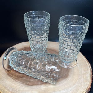Colony Whitehall Clear Iced Tea or Footed Cooler Glasses 12 oz Cubist Pattern 3 Pc Set MCM Cottage Farmhouse Vintage 1960s-1970s Drinkware
