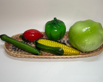 Blown Glass Lettuce or Cabbage, Green Bell Pepper, Ear of Corn, Tomato & Zucchini Decorative Figurines Vintage 1980's Kitchen Table Decor