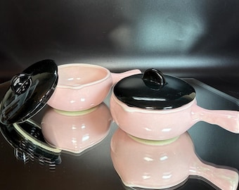 Cameron Clay Cronin Pottery Stick Handled Pink Ceramic Bowls w/ Black Lids
