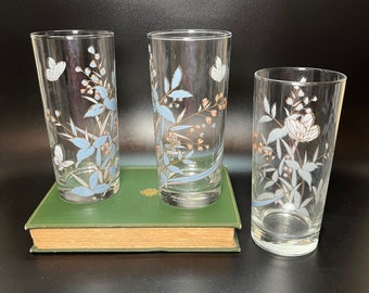 Noritake Design Keltcraft Kilkee Drinking Glasses Tumblers 3 Pcs 16 Oz Blue Pink Plants Florals Butterflies Vintage 1980's-1990's Drinkware