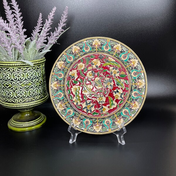 Byzantine Mosaic Designs Enamel Work on Solid Brass Decorative Plate Wall Hanging Made in Greece Red Black BackGround White Green Florals