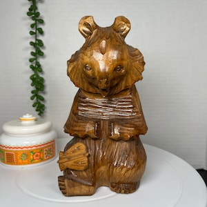 Hand Carved Wood Bear Figurine with Lyre Russian Folk Art Vintage Art & Crafts BoHo MCM Cottage Farmhouse Nature Wildlife Bear Lover&#39;s Gift