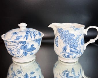 Portmeirion Botanic Blue Florals Butterfly Porcelain Lidded Sugar Bowl & Creamer